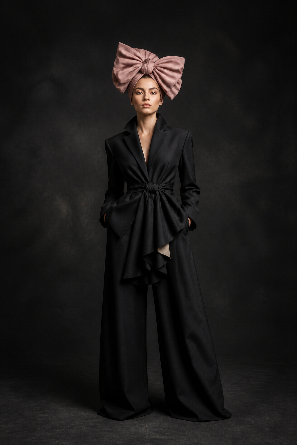 Fashion model in sculptural black tailoring and a dusty rose head wrap